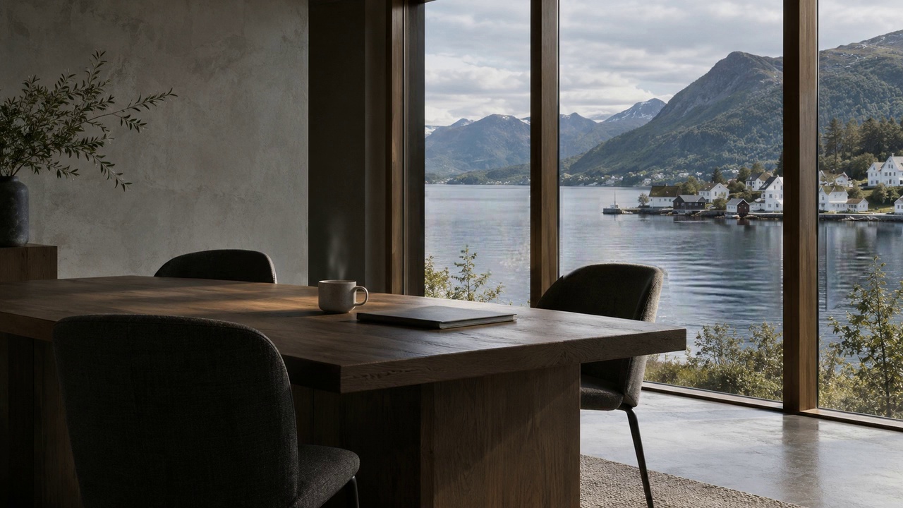 Illustrasjon av et arbeidsrom med trebord og utsyn mot fjord og hvite hus.